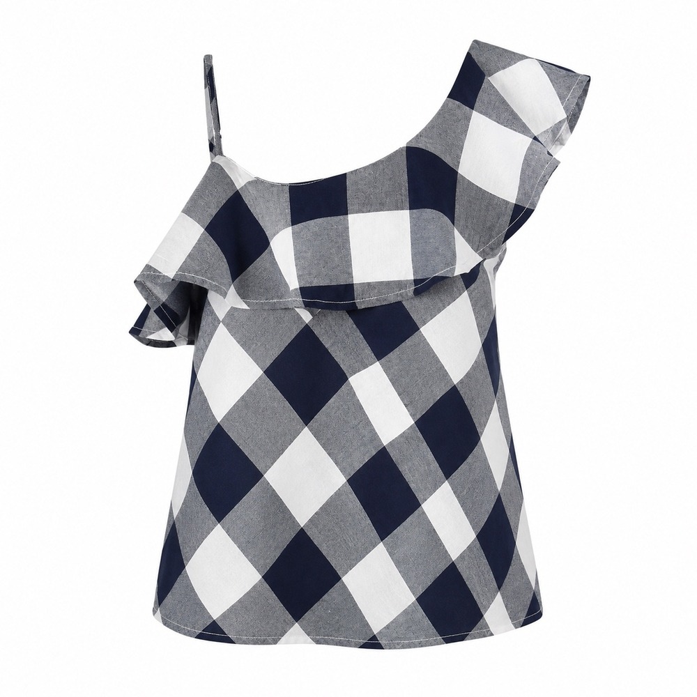Womens XLβ Navy White Gingham One Shoulder Ruffle Resort Summer Top Coastal Chic